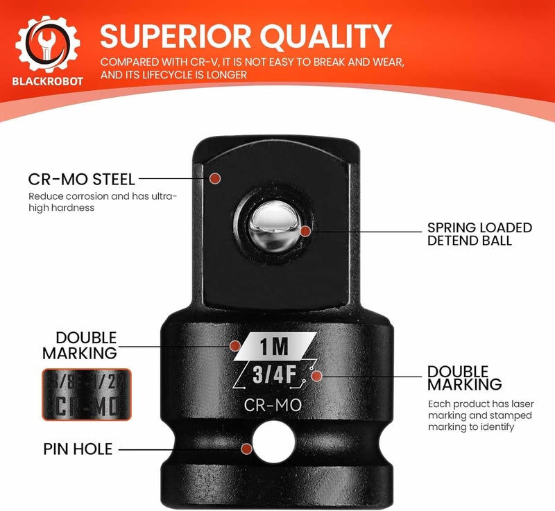 BLACKROBOT 3/4”F To 1”M Impact Socket Adapter, Cr-Mo Steel Exceeds ANSI Standards, Square Drive Reducer for Impact Driver Wrench - Image 4